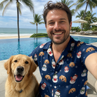 Selfie with the pet whose face is printed all over this Men's Snowman Shenanigans Custom Dog Face Hawaiian Shirt