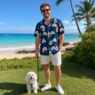 Full-length photo with the pet printed all over this Men's Snowman Shenanigans Custom Dog Face Hawaiian Shirt