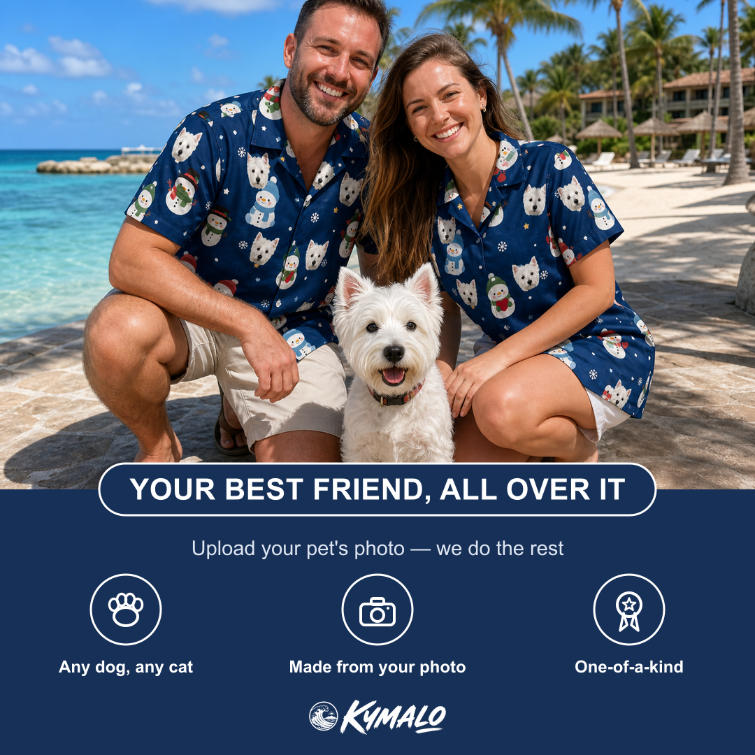 Friends in matching Men's Snowman Shenanigans Custom Dog Face Hawaiian Shirt — a group gift photo