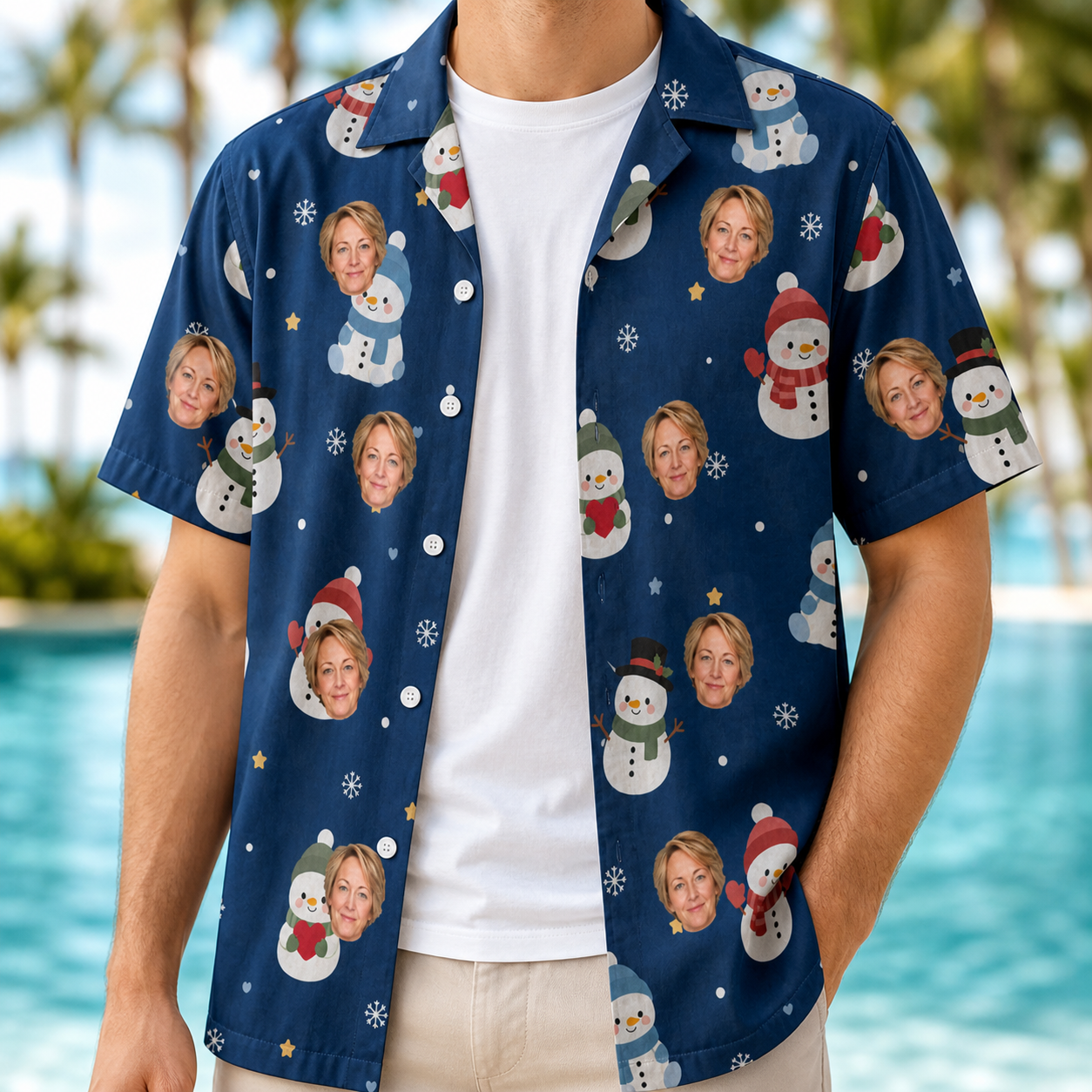 Man wearing Men's Snowman Shenanigans Custom Face Hawaiian Shirt open over a white tee