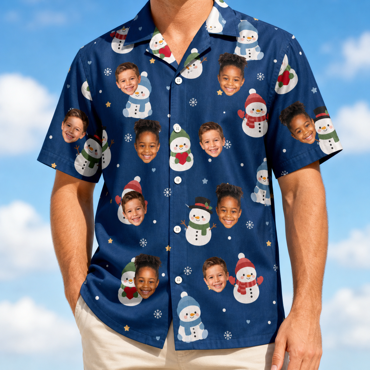 Model wearing Men's Snowman Shenanigans Custom Face Hawaiian Shirt printed with kids' faces