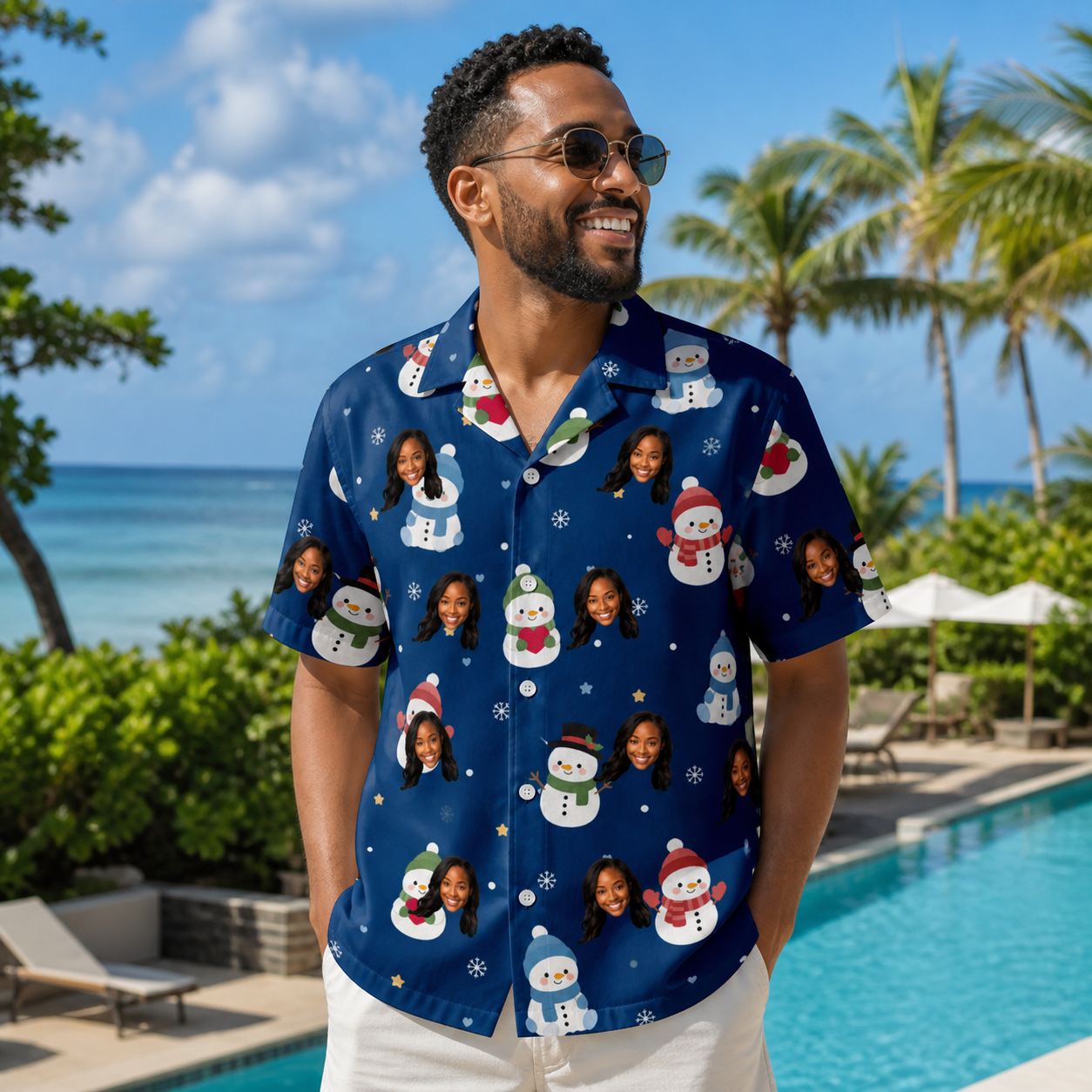 Real-life photo of someone wearing Men's Snowman Shenanigans Custom Face Hawaiian Shirt — custom faces printed all-over