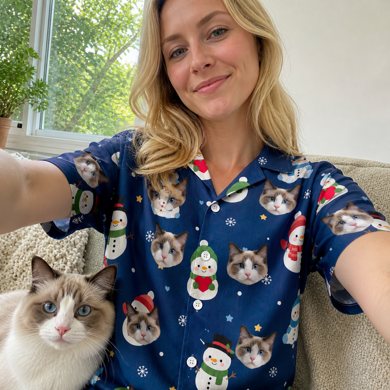 Selfie with the pet whose face is printed all over this Women's Snowman Shenanigans Custom Cat Face Hawaiian Shirt