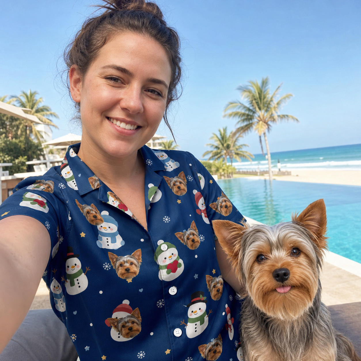 Selfie with the pet whose face is printed all over this Women's Snowman Shenanigans Custom Dog Face Hawaiian Shirt
