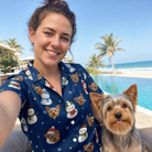 Selfie with the pet whose face is printed all over this Women's Snowman Shenanigans Custom Dog Face Hawaiian Shirt