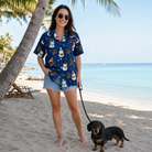 Full-length photo with the pet printed all over this Women's Snowman Shenanigans Custom Dog Face Hawaiian Shirt