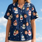 Model wearing Women's Snowman Shenanigans Custom Face Hawaiian Shirt printed with kids' faces