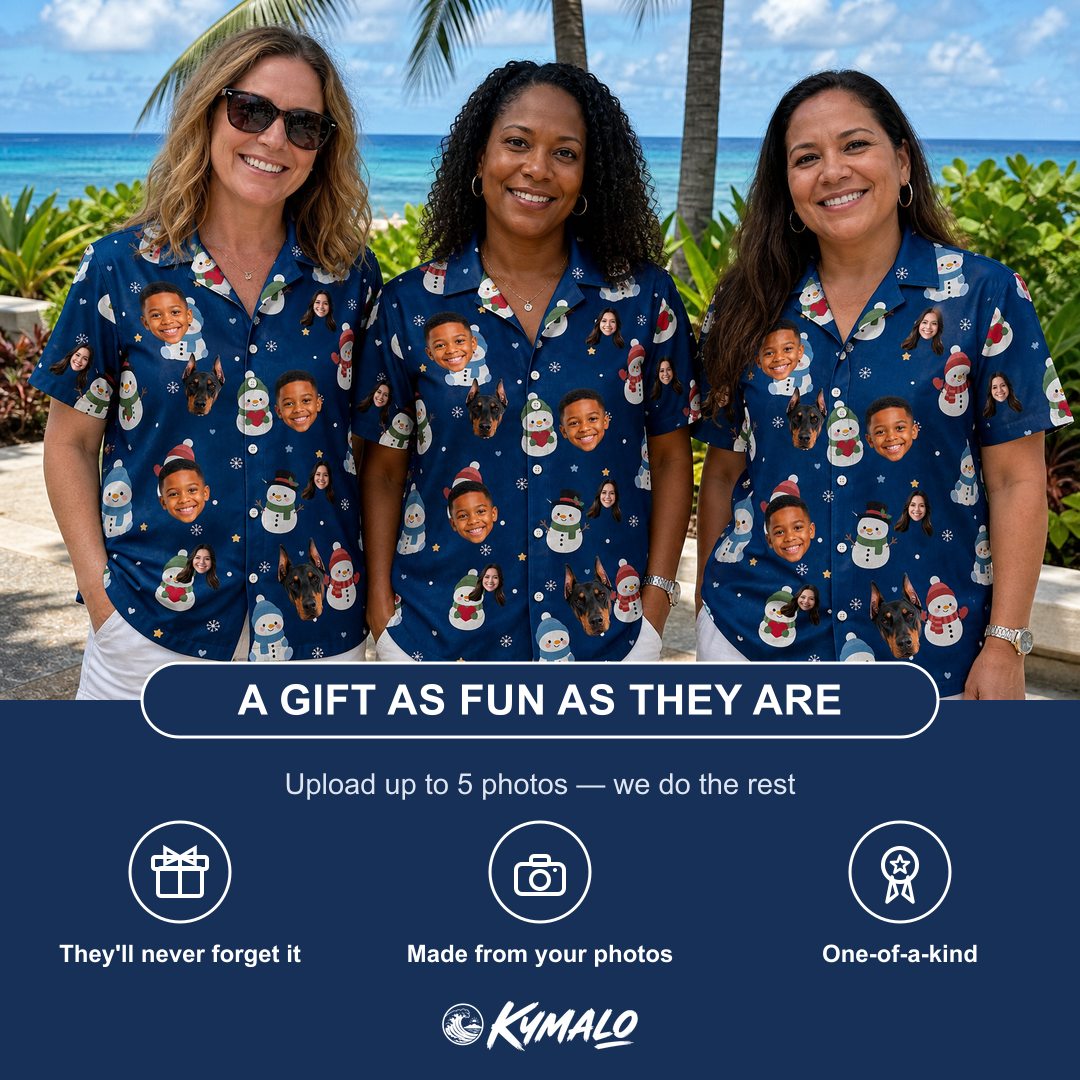 Friends in matching Women's Snowman Shenanigans Custom Face Hawaiian Shirt — a group gift photo