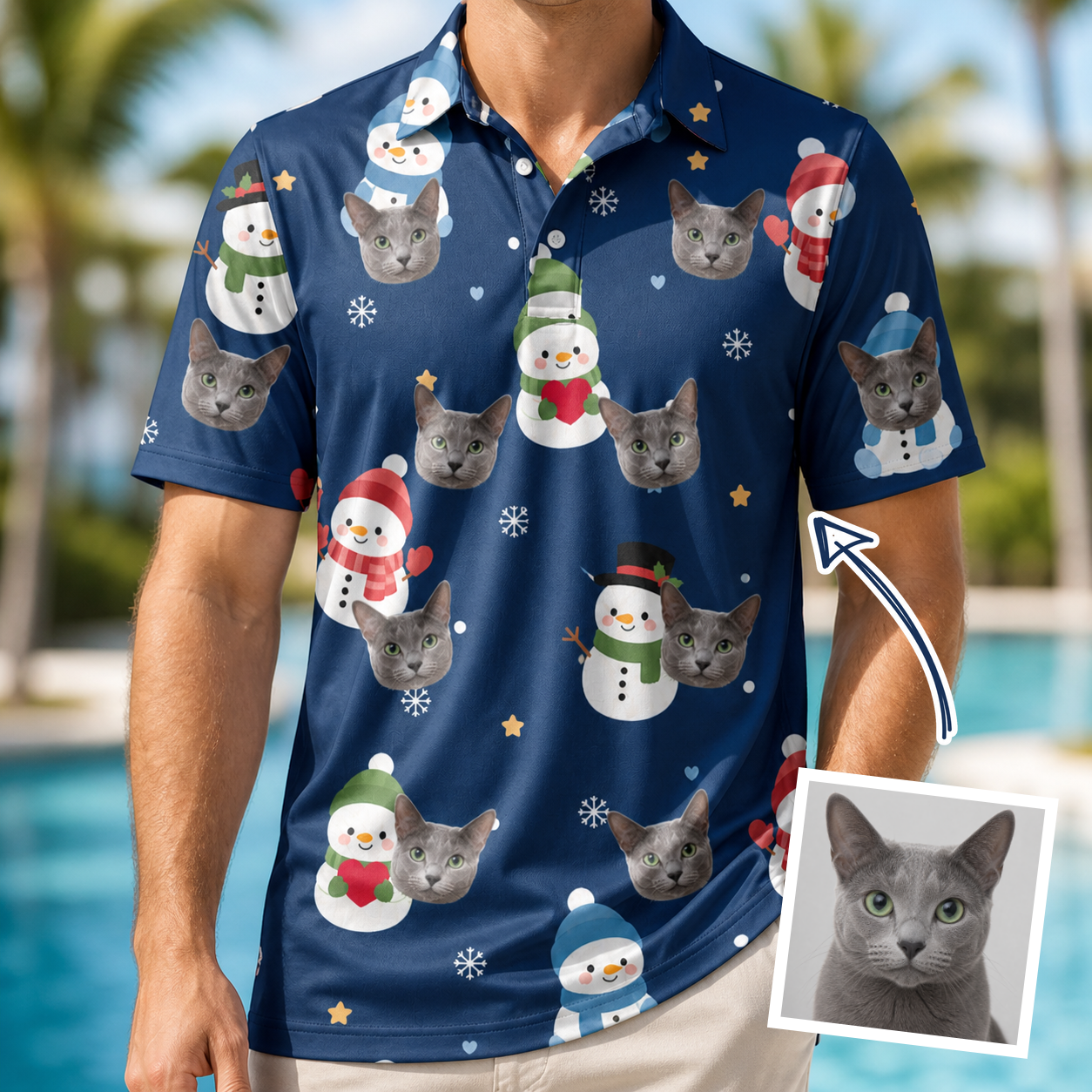 Man wearing Men's Snowman Shenanigans Custom Cat Face Polo Shirt — custom faces printed all-over