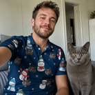 Selfie with the pet whose face is printed all over this Men's Snowman Shenanigans Custom Cat Face Polo Shirt