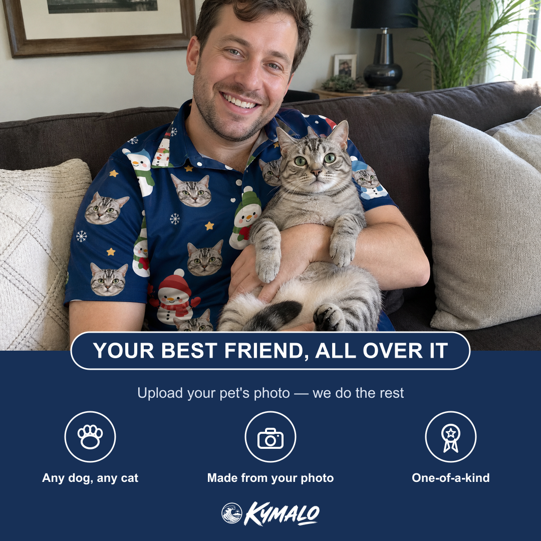 Friends in matching Men's Snowman Shenanigans Custom Cat Face Polo Shirt — a group gift photo