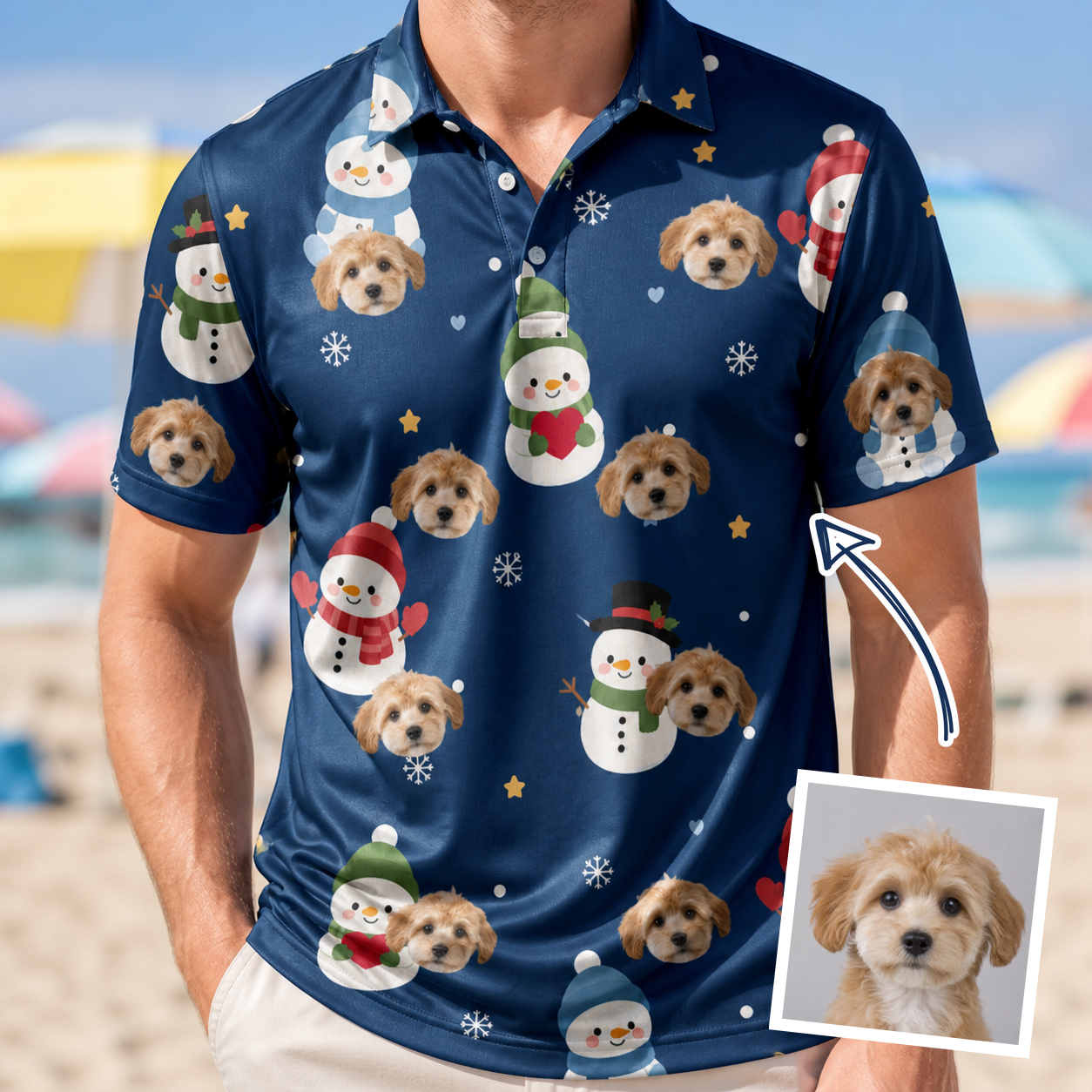 Man wearing Men's Snowman Shenanigans Custom Dog Face Polo Shirt — custom faces printed all-over