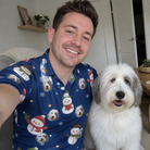 Selfie with the pet whose face is printed all over this Men's Snowman Shenanigans Custom Dog Face Polo Shirt