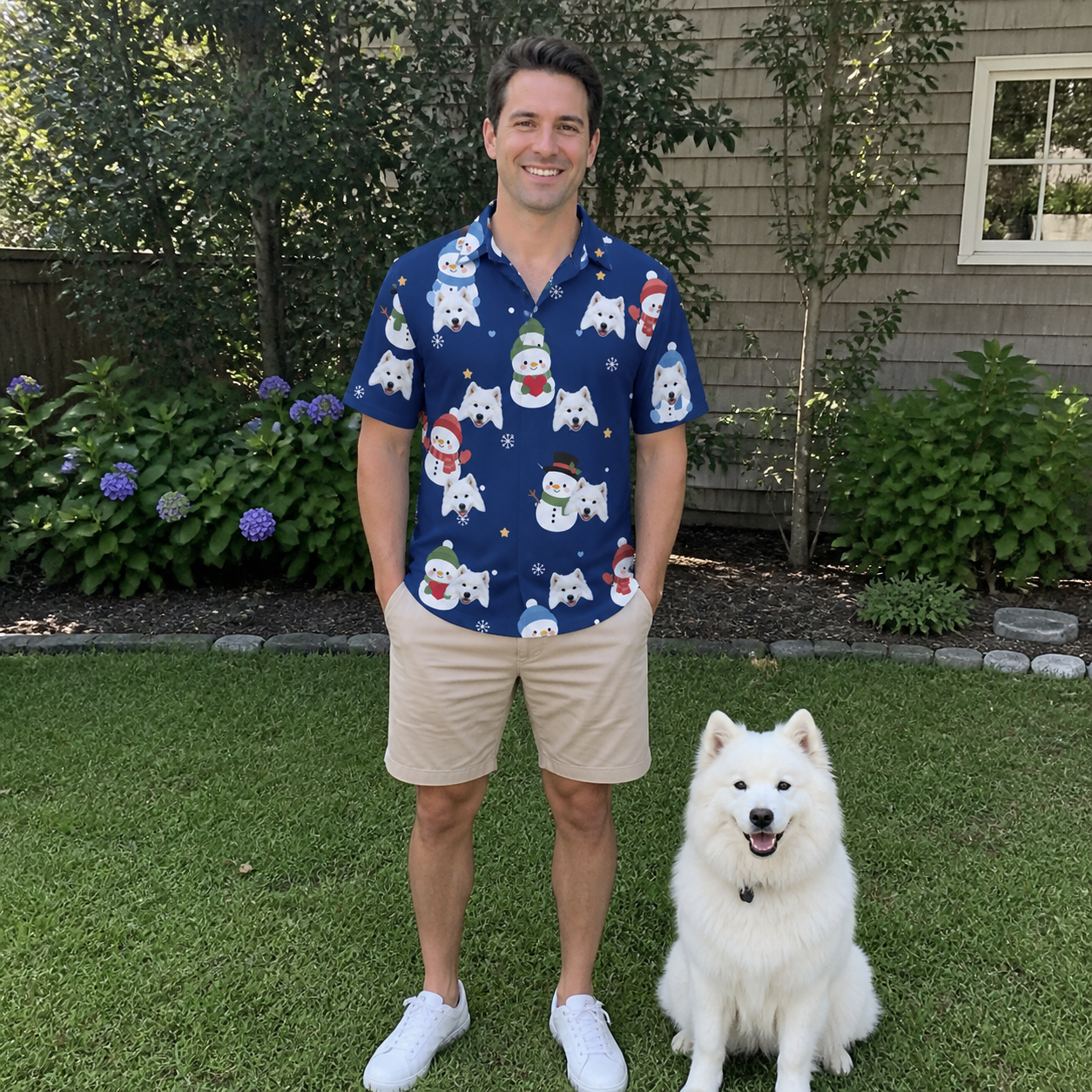 Full-length photo with the pet printed all over this Men's Snowman Shenanigans Custom Dog Face Polo Shirt