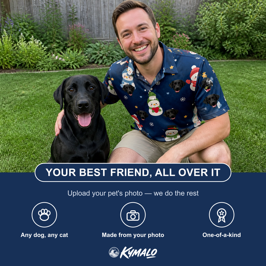 Friends in matching Men's Snowman Shenanigans Custom Dog Face Polo Shirt — a group gift photo