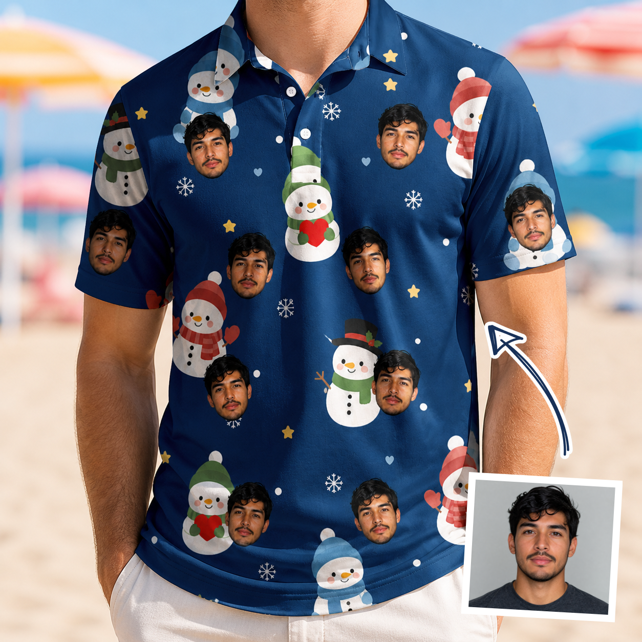 Man wearing Men's Snowman Shenanigans Custom Face Polo Shirt — custom faces printed all-over