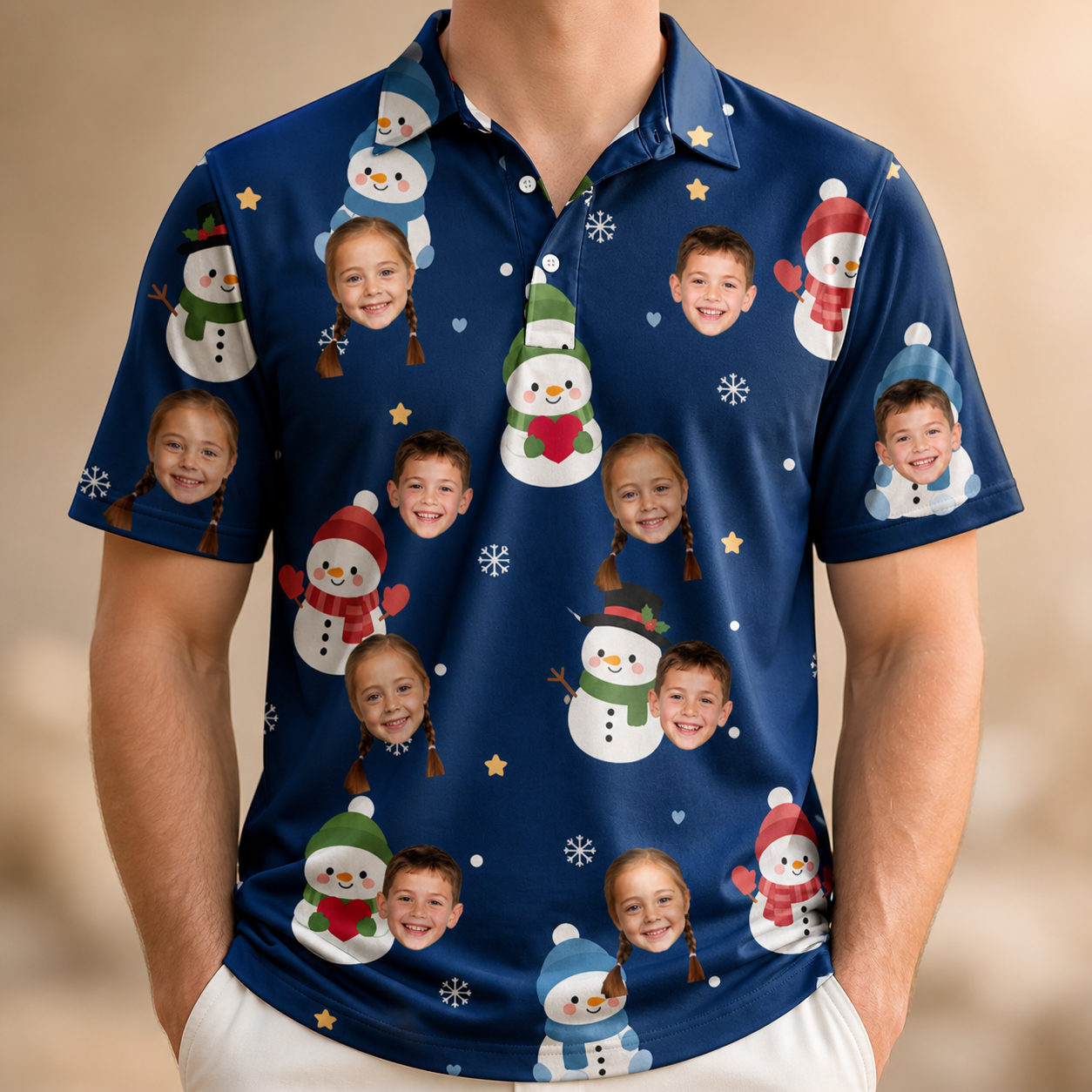 Model wearing Men's Snowman Shenanigans Custom Face Polo Shirt printed with kids' faces