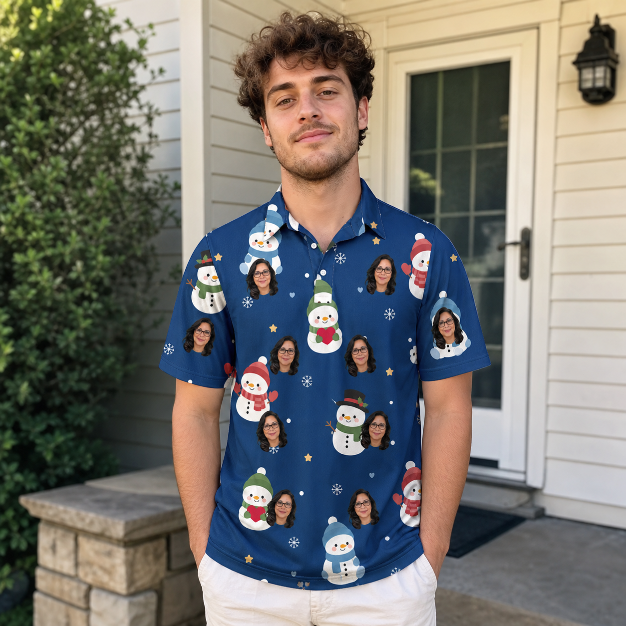 Real-life photo of someone wearing Men's Snowman Shenanigans Custom Face Polo Shirt — custom faces printed all-over