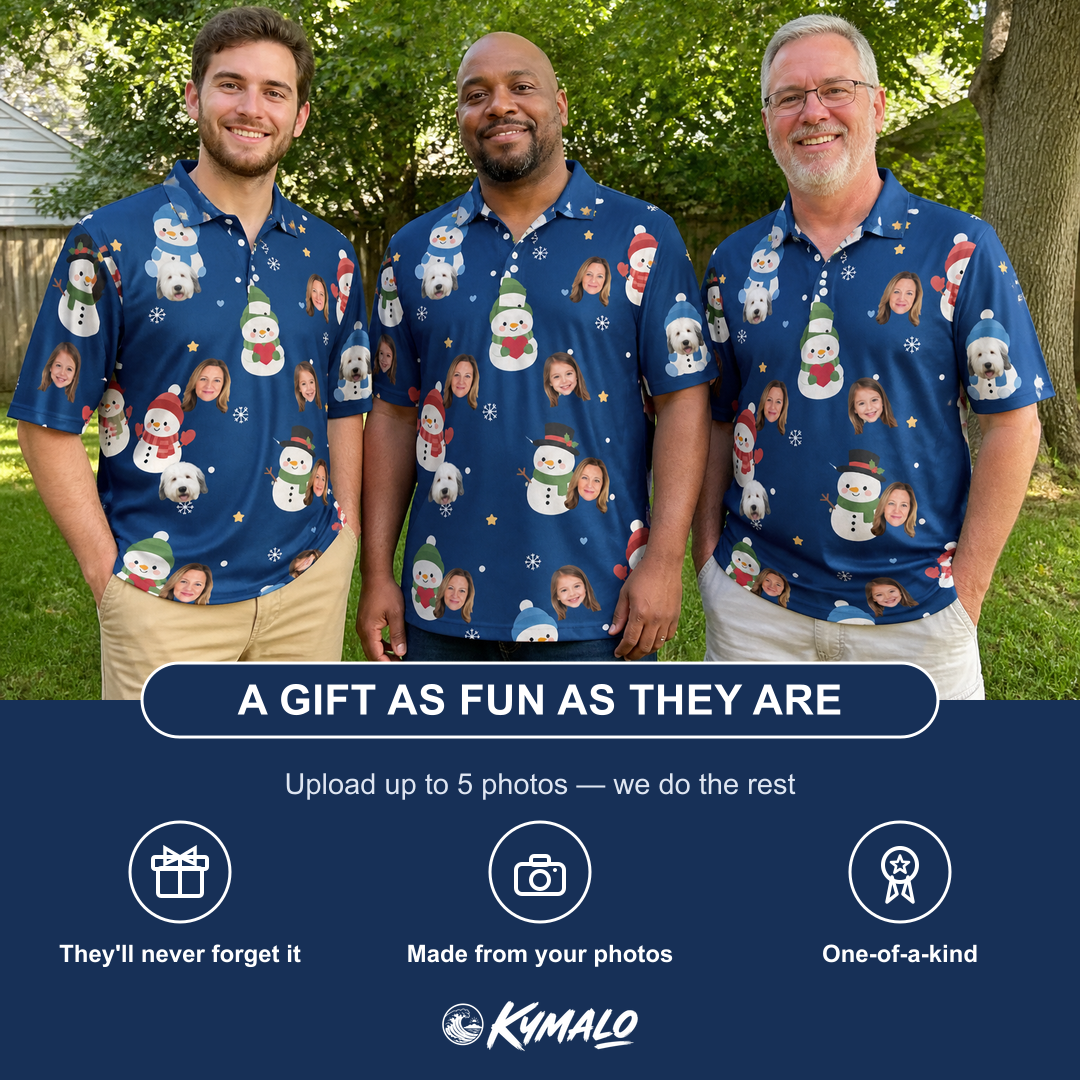 Friends in matching Men's Snowman Shenanigans Custom Face Polo Shirt — a group gift photo