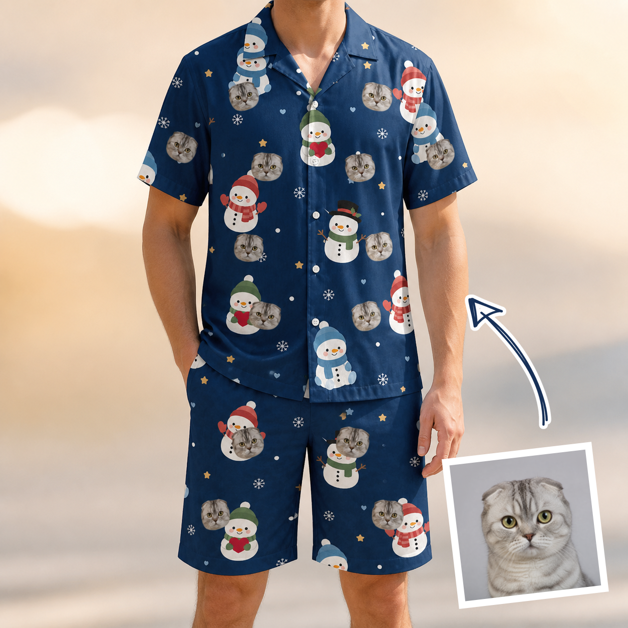 Man wearing Men's Snowman Shenanigans Custom Cat Face Shirt & Shorts Set — custom faces printed all-over