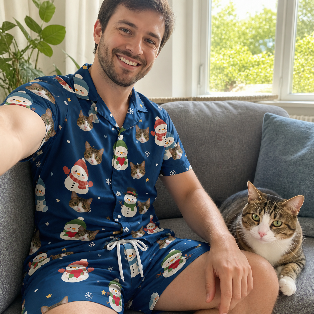 Selfie with the pet whose face is printed all over this Men's Snowman Shenanigans Custom Cat Face Shirt & Shorts Set
