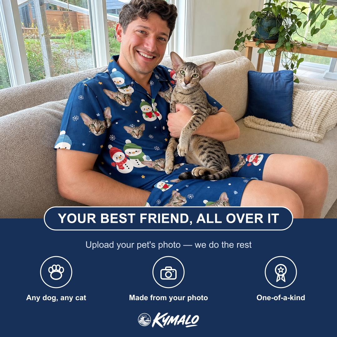 Friends in matching Men's Snowman Shenanigans Custom Cat Face Shirt & Shorts Set — a group gift photo