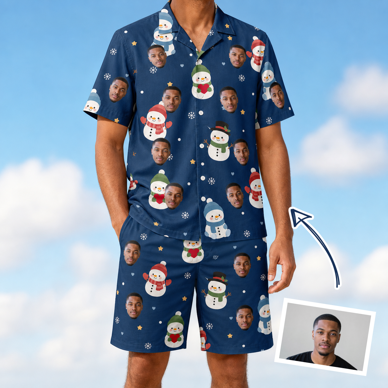 Man wearing Men's Snowman Shenanigans Custom Face Shirt & Shorts Set — custom faces printed all-over