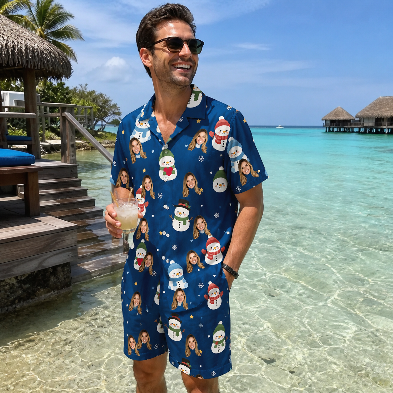 Real-life photo of someone wearing Men's Snowman Shenanigans Custom Face Shirt & Shorts Set — custom faces printed all-over