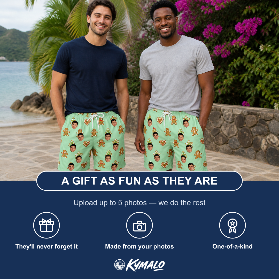 Friends in matching Men's Gingerbread Gallop Custom Face Beach Shorts — a group gift photo
