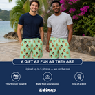 Friends in matching Men's Gingerbread Gallop Custom Face Beach Shorts — a group gift photo