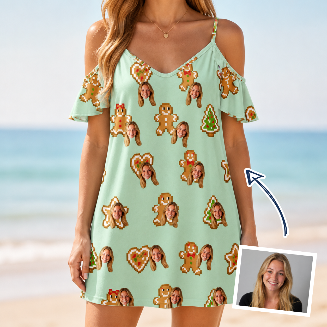 Woman wearing Women's Gingerbread Gallop Custom Face Off-Shoulder Dress — custom faces printed all-over