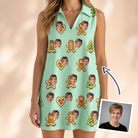 Woman wearing Women's Gingerbread Gallop Custom Face V-Neck Dress — custom faces printed all-over
