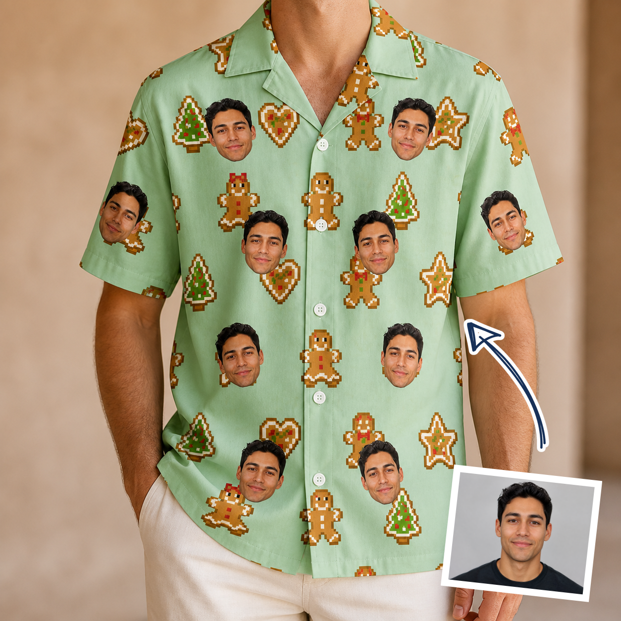 Man wearing Men's Gingerbread Gallop Custom Face Hawaiian Shirt — custom faces printed all-over