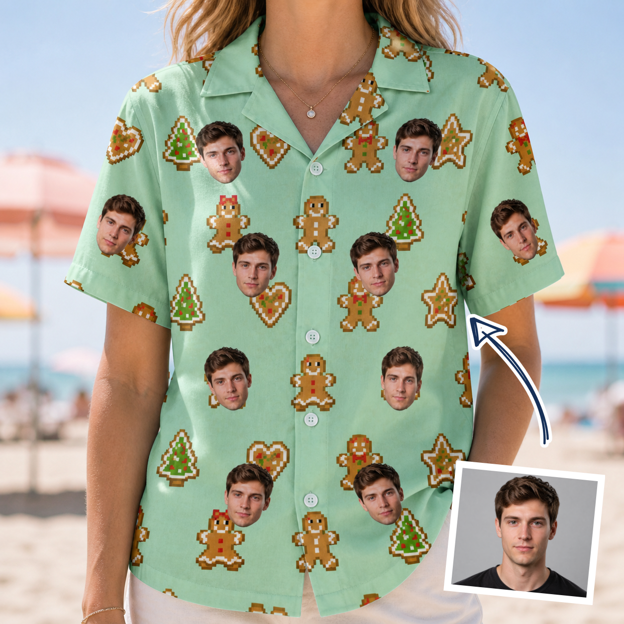 Woman wearing Women's Gingerbread Gallop Custom Face Hawaiian Shirt — custom faces printed all-over