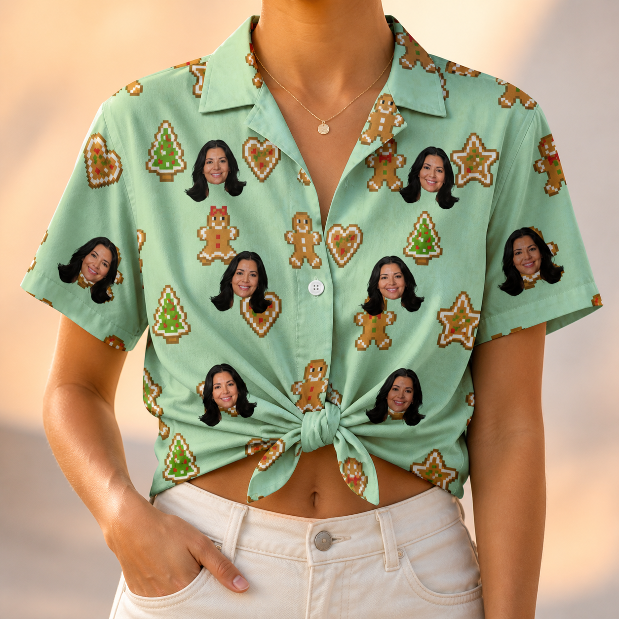 Woman wearing Women's Gingerbread Gallop Custom Face Hawaiian Shirt tied at the waist