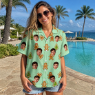 Real-life photo of someone wearing Women's Gingerbread Gallop Custom Face Hawaiian Shirt — custom faces printed all-over