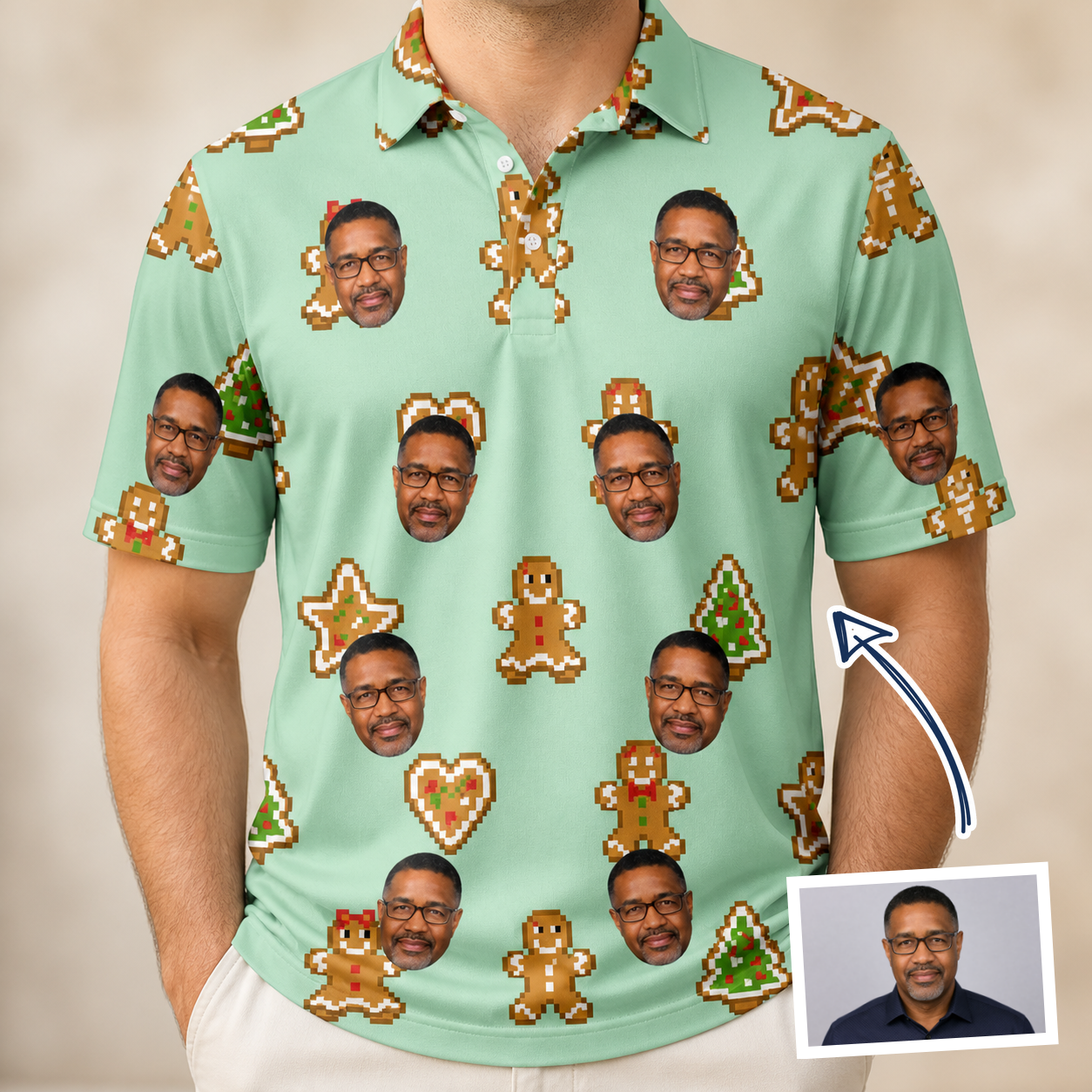 Man wearing Men's Gingerbread Gallop Custom Face Polo Shirt — custom faces printed all-over