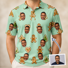 Man wearing Men's Gingerbread Gallop Custom Face Polo Shirt — custom faces printed all-over