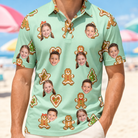 Model wearing Men's Gingerbread Gallop Custom Face Polo Shirt printed with kids' faces