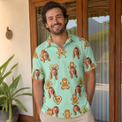 Real-life photo of someone wearing Men's Gingerbread Gallop Custom Face Polo Shirt — custom faces printed all-over