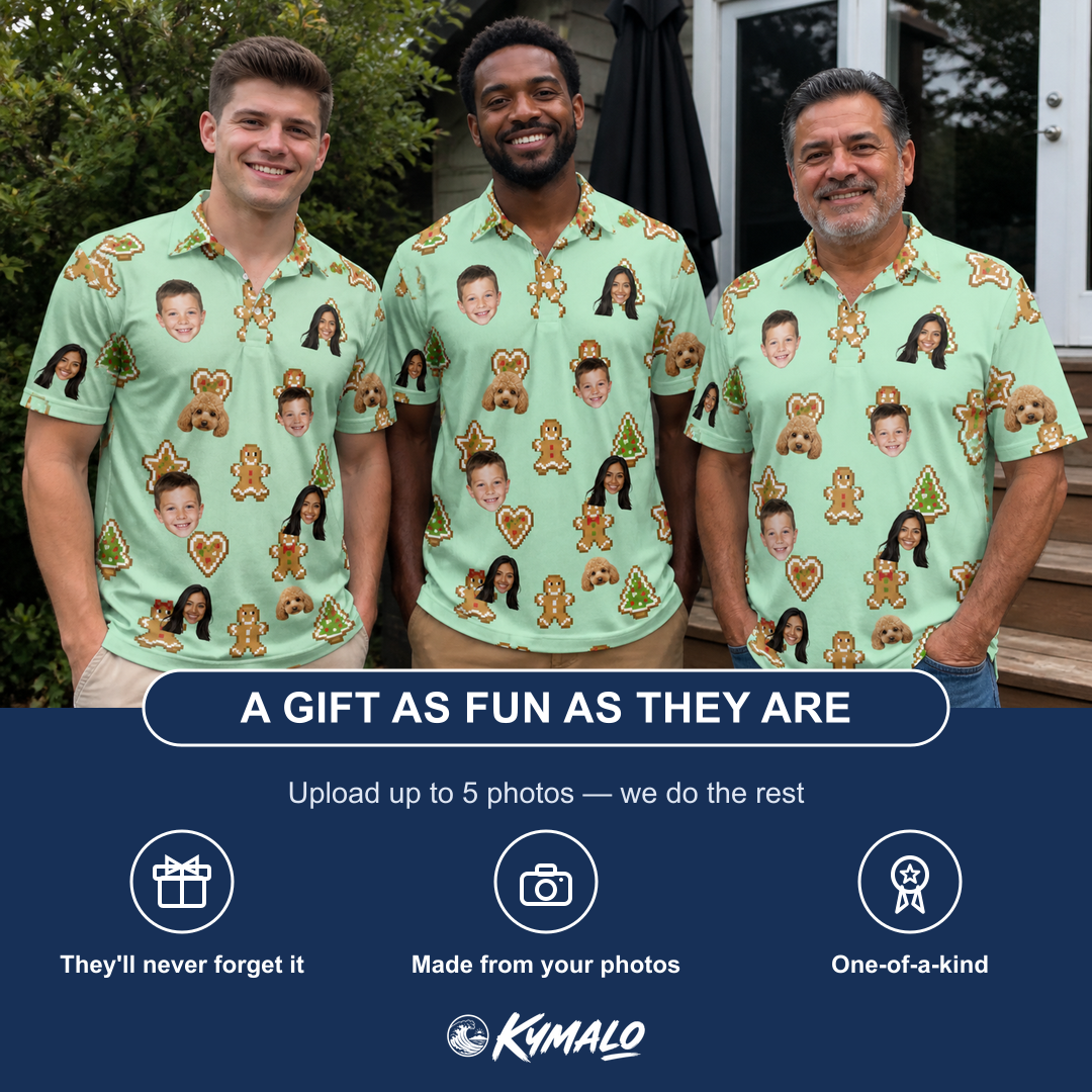 Friends in matching Men's Gingerbread Gallop Custom Face Polo Shirt — a group gift photo