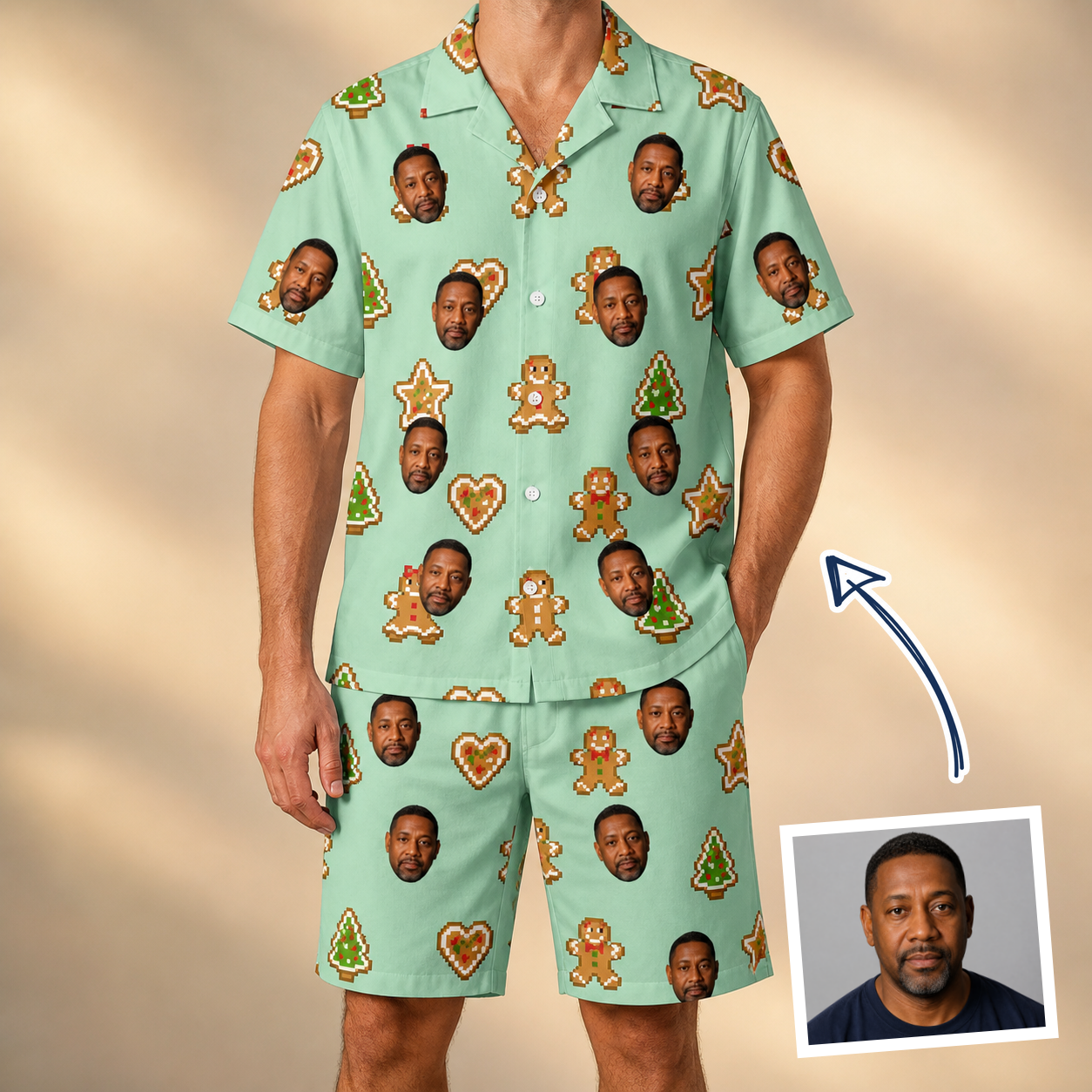 Man wearing Men's Gingerbread Gallop Custom Face Shirt & Shorts Set — custom faces printed all-over