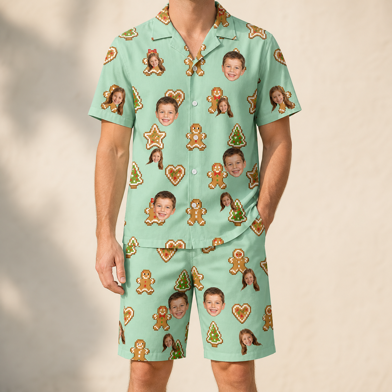 Model wearing Men's Gingerbread Gallop Custom Face Shirt & Shorts Set printed with kids' faces