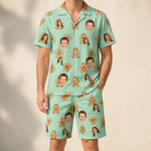 Model wearing Men's Gingerbread Gallop Custom Face Shirt & Shorts Set printed with kids' faces