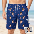 Man wearing Men's Peppermint Pizzazz Custom Face Beach Shorts — custom faces printed all-over
