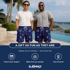Friends in matching Men's Peppermint Pizzazz Custom Face Beach Shorts — a group gift photo