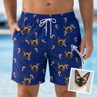 Man wearing Men's Peppermint Pizzazz Custom Cat Face Beach Shorts — custom faces printed all-over