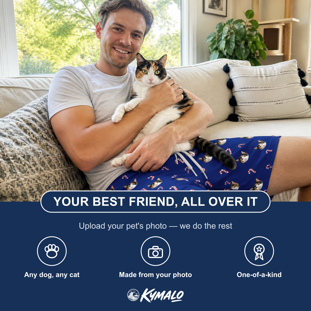 Friends in matching Men's Peppermint Pizzazz Custom Cat Face Beach Shorts — a group gift photo