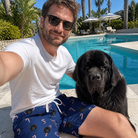 Selfie with the pet whose face is printed all over this Men's Peppermint Pizzazz Custom Dog Face Beach Shorts