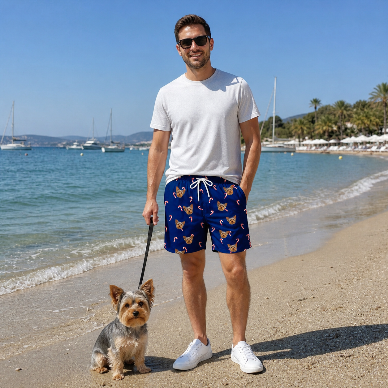 Full-length photo with the pet printed all over this Men's Peppermint Pizzazz Custom Dog Face Beach Shorts